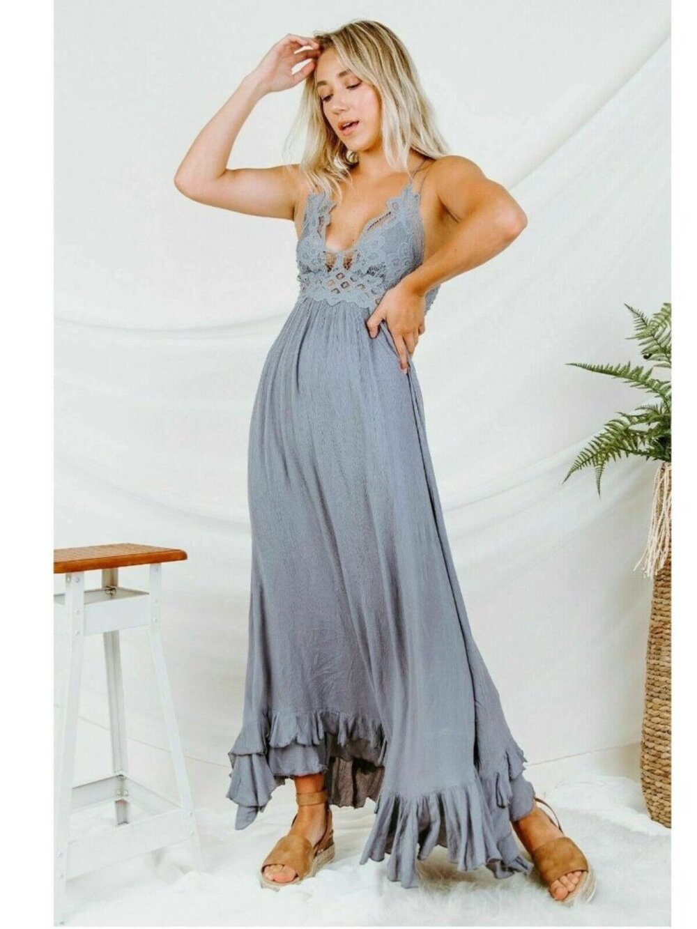 Free People FP One "Adella" Slip Crochet Lace Maxi Dress Smocked XS